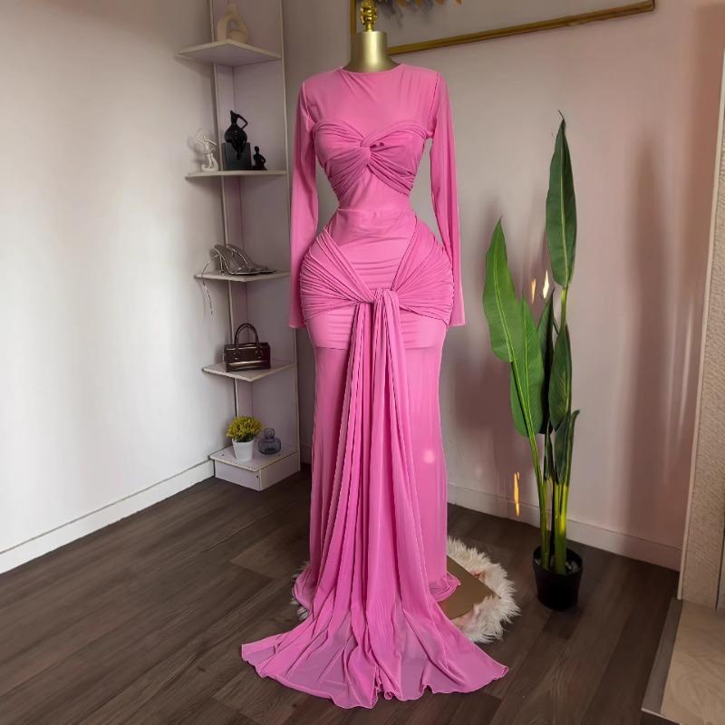 

Women s Early Spring New Solid Color Long-sleeved Round Neck Chest-hugging and Tight-fitting Long Dress XXL рожевий
