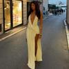 Women Deep V Neck Backless Maxi Dress Twist Front High Slit Sleeveless Bodycon Long Dress Solid Color Elegant Party Dress