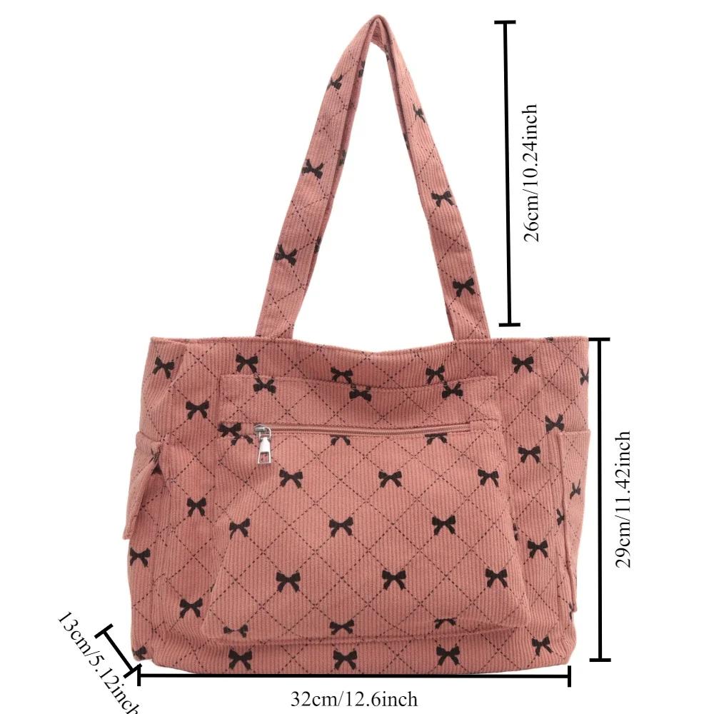 Corduroy Tote Bag Bow Pattern Shoulder Bag Large Capacity Fashion Underarm Commuting Handbags Shopping Bags Eco-friendly Handbag