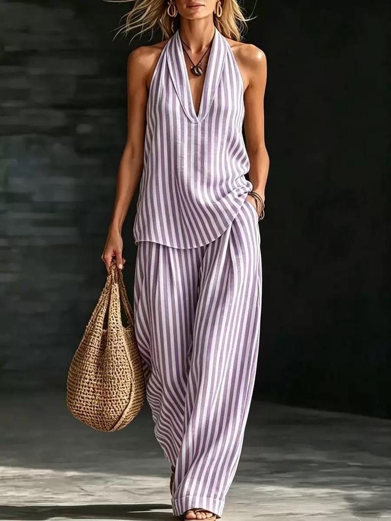 Women Striped Halter Neck Sleeveless Jumpsuit Wide Leg Pants with Pocket
