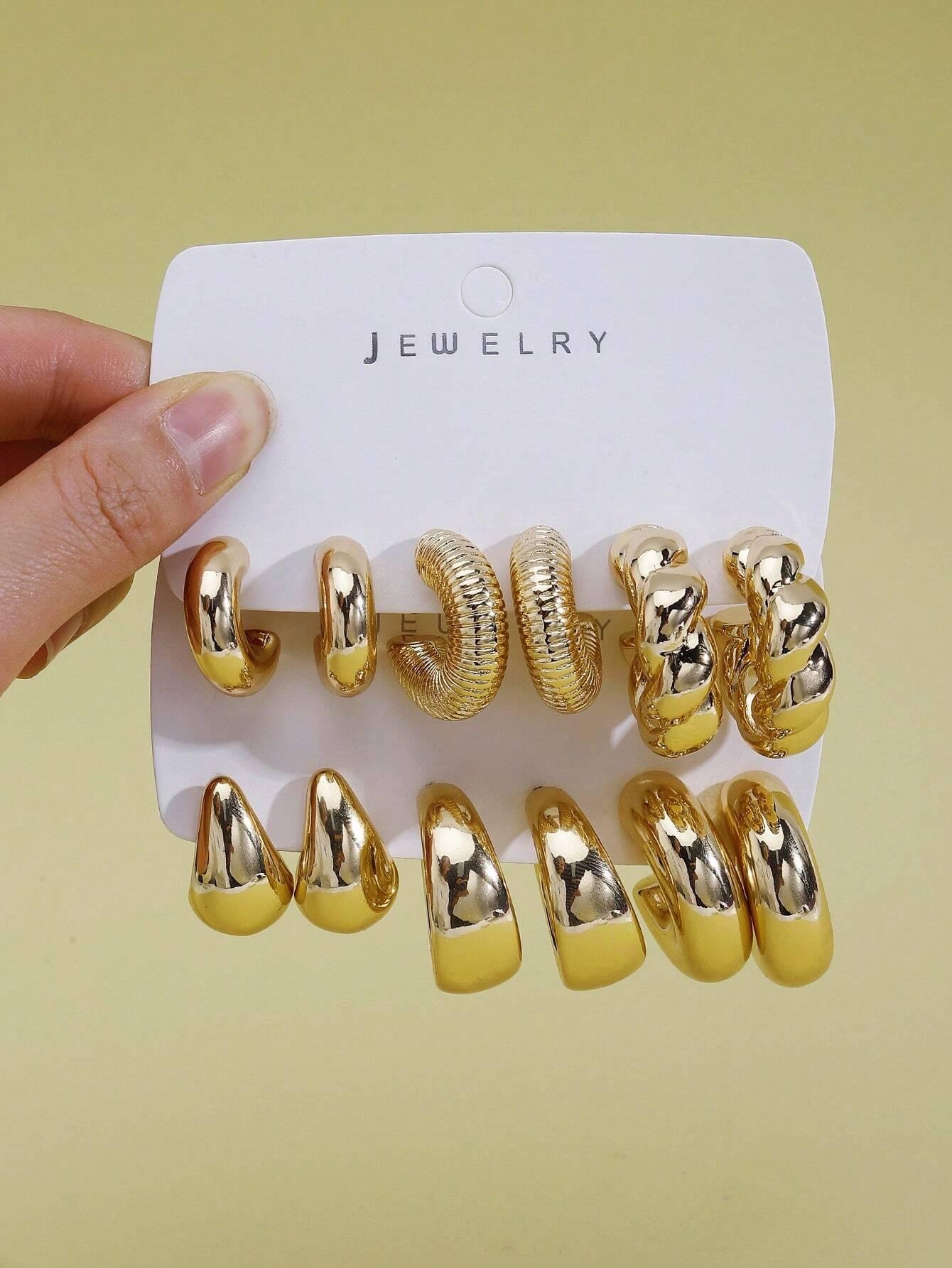 

12pcs/Set Classic Fashionable Twist C Shape Tear Drop Design Women s Gold-Color Earrings Suitable For Daily,Workplace And Party