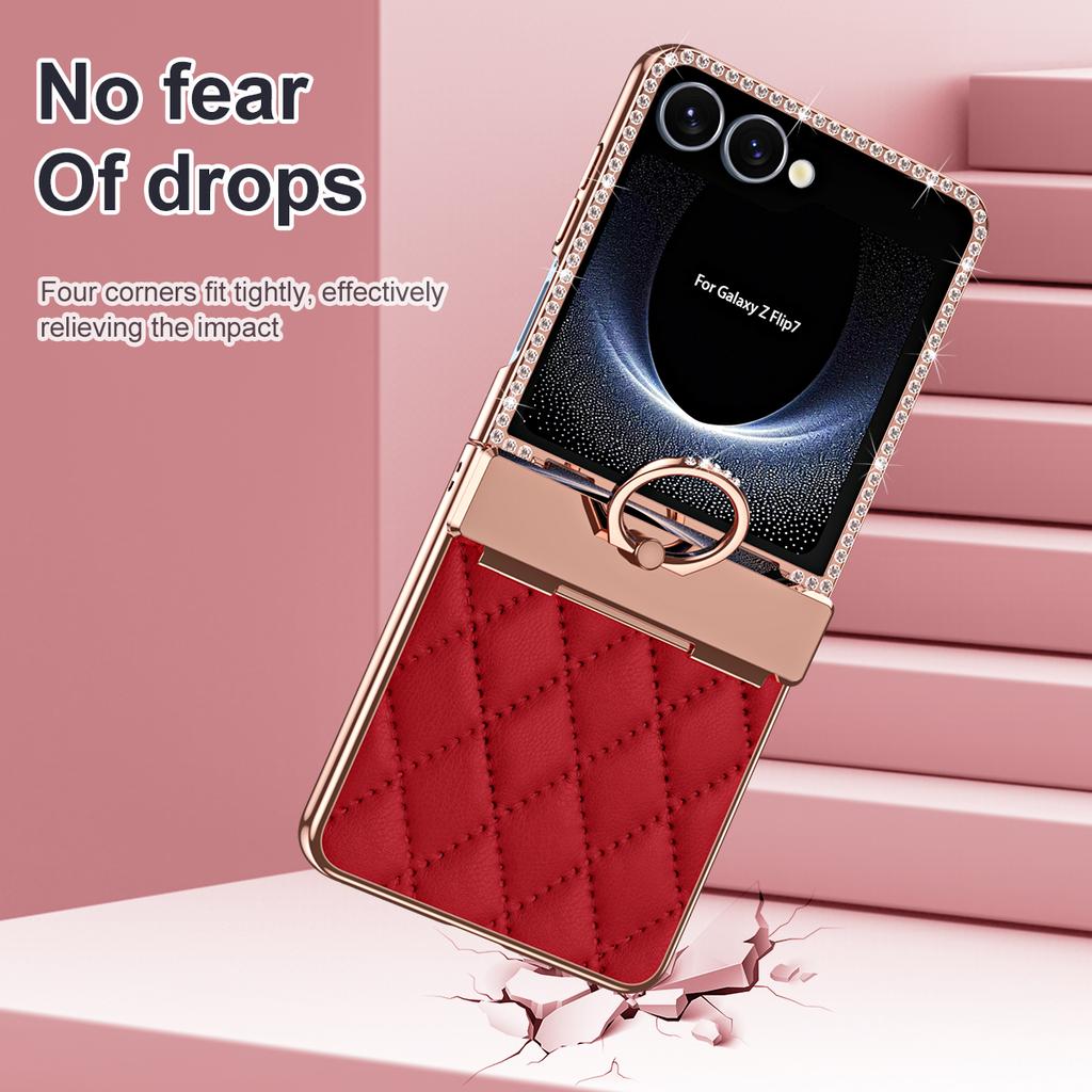 For Samsung Galaxy Z Flip7 5G Case Rhinestone Decoration Ring Holder Rhombus Leather + PC Phone Cover