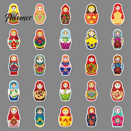 Adhesive Decorative Decals 50Pcs Russian Matryoshka Doll Stickers, Cartoon Nesting Theme Decal, Packs Sticker for Water Bottles Phone Scrapbook Guitar