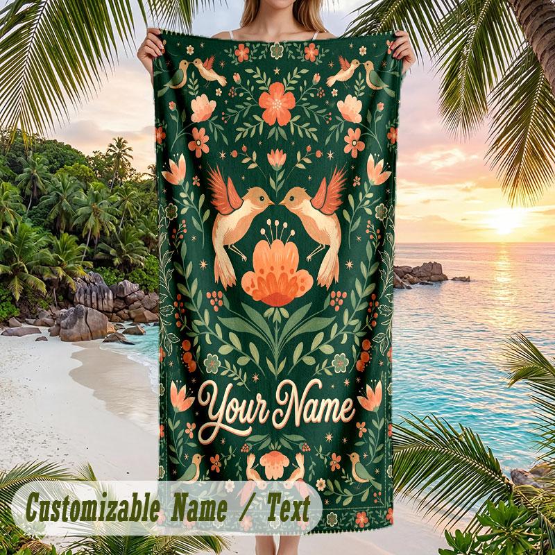 Hummingbirds Floral Harmony Theme Quick Dry Beach Towel Custom Name Text Print Large Sand Resistant Towel Beach Vacation