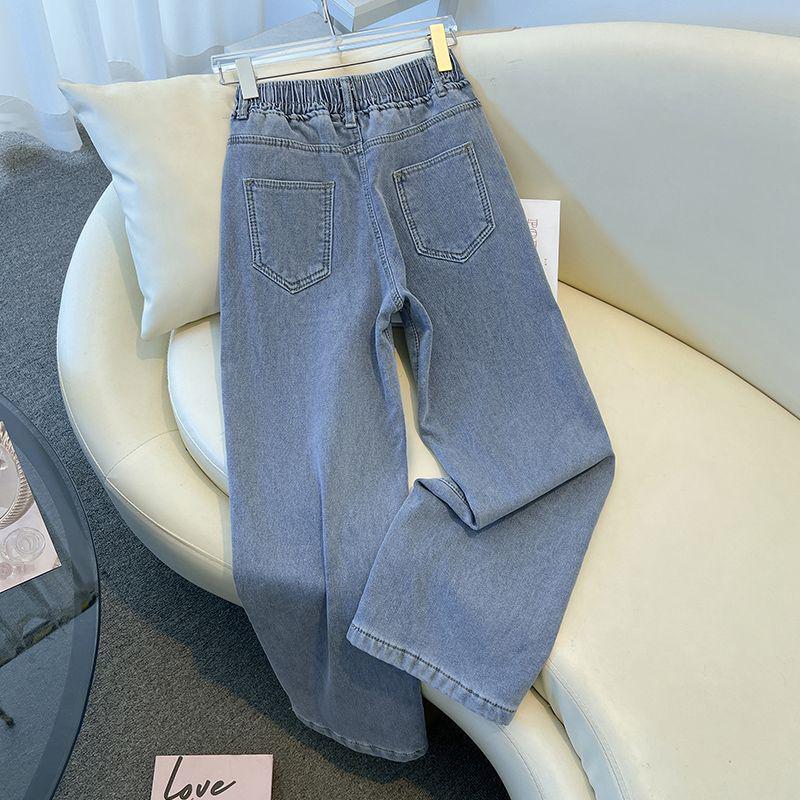 Women's Light Blue Plush Elastic Waist Wide-Leg Jeans, 2025 Spring/Autumn, Thickened, 9/10 Straight Leg.