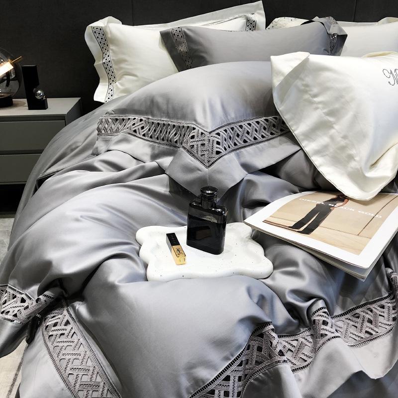 Set nordic din patru piese din bumbac pur, cu număr de 180 de fire, pentru a dormi gol, cearșaf de pat din bumbac cu capse lungi, cuvertură de pilota