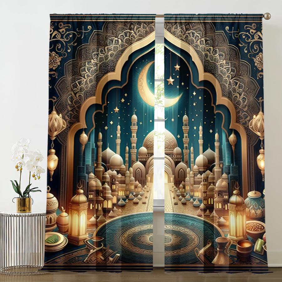 2 Stück Blau Gold Islamische Stadtansicht Vorhänge   Eleganter Stil   Schlafzimmer Wohnzimmer   Stangentasche Dekorative Vorhänge