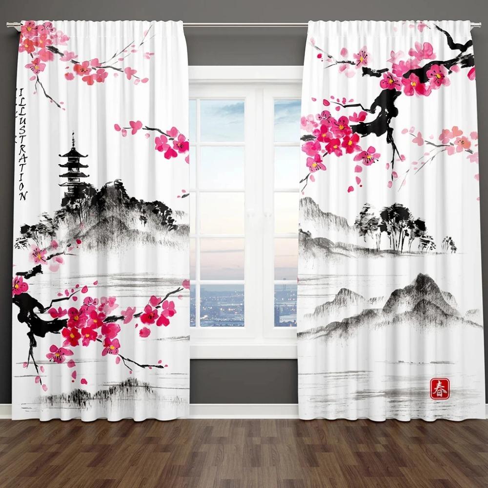 2ks Chinese Mountain lnk Painting Print Curtain, Digital Printing Curves for Living Room Ložnice Kuchyň Studovna, Domácí dekorace