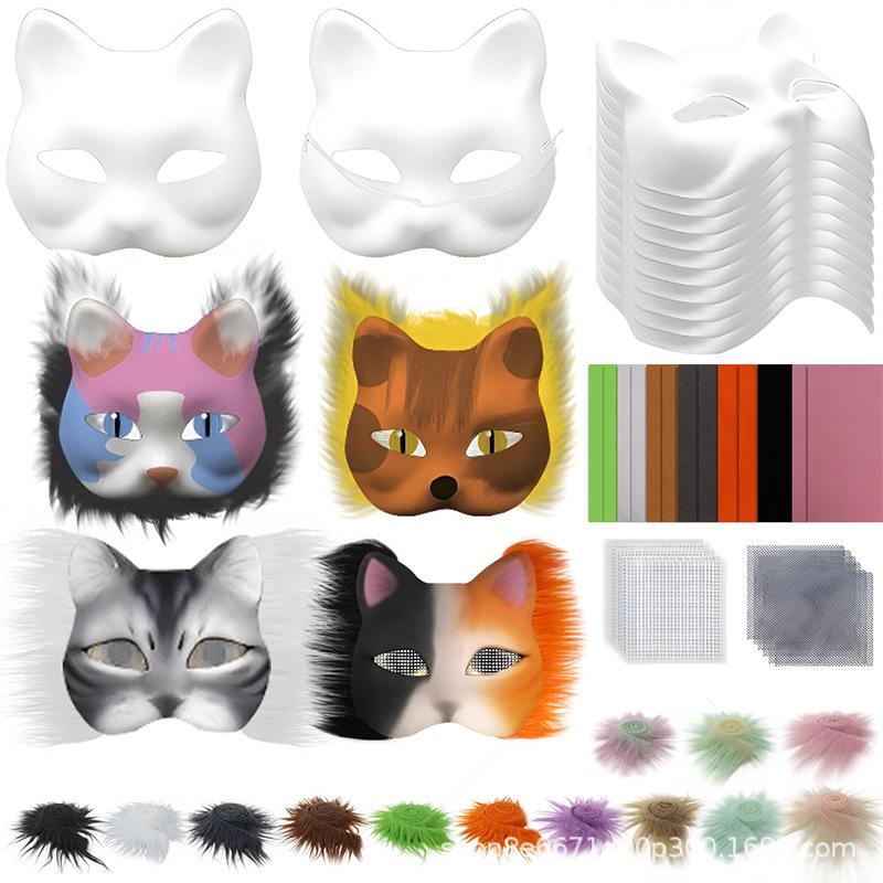 Kit Maschera Facciale Fai-da-te Gatto: Maschera Bianca, Tessuto in Ecopelliccia, Pennello e Rete