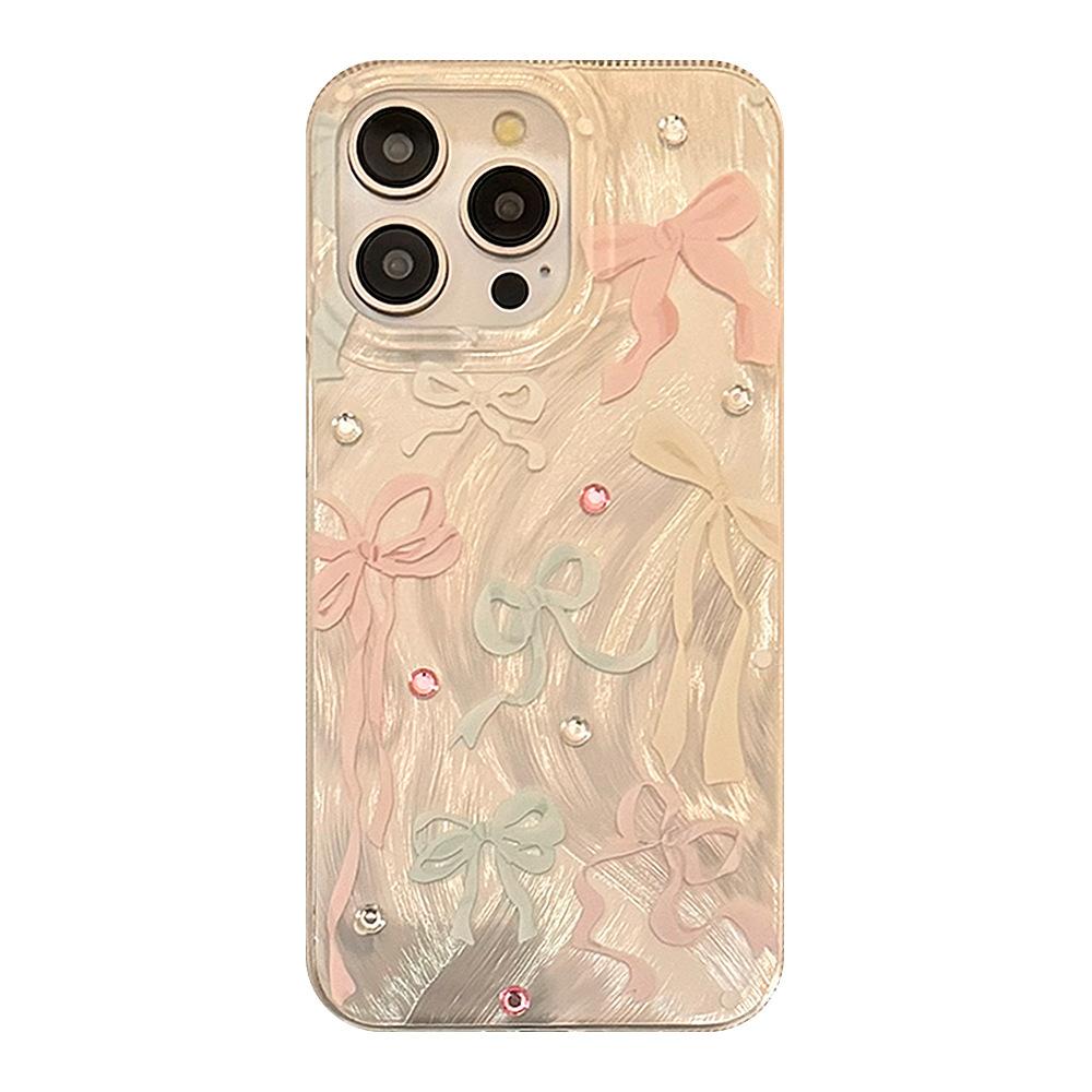 Sweet Girl Ins Bow Apple 15pro Max Mobile Phone Case 14 Suitable for Iphone16 Feather Yarn 1112 Korean