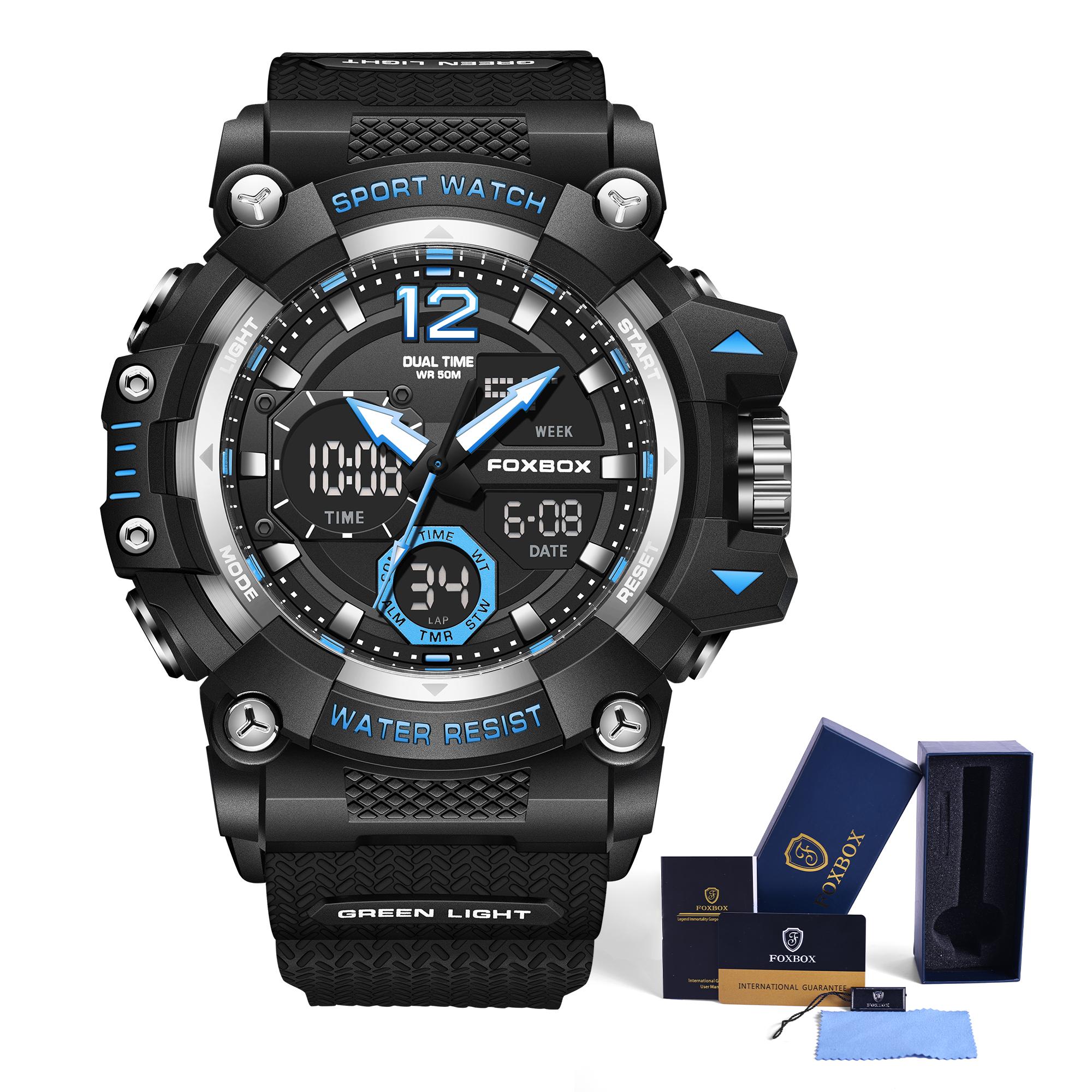 

LIGE x FOXBOX Брендовые модные мужские часы с цифровым двойным дисплеем, светящиеся водонепроницаемые спортивные часы с будильником синий/чёрный