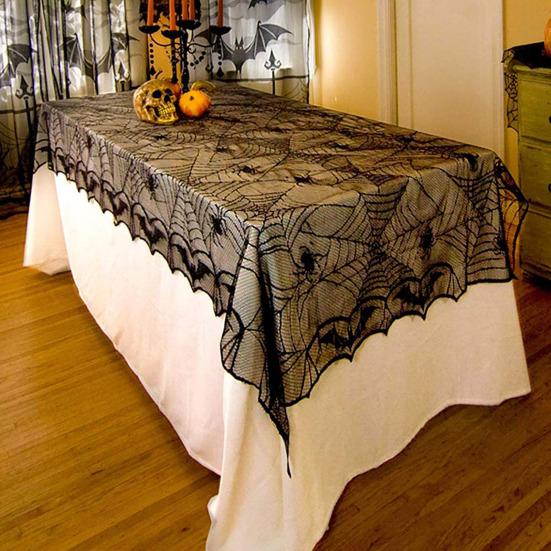 Halloween Tablecloth Decoration Black Lace Table Runner Round Spider Cobweb Table Cover Fireplace Mantel Scarf Lampshade Bat Wall Stickers for