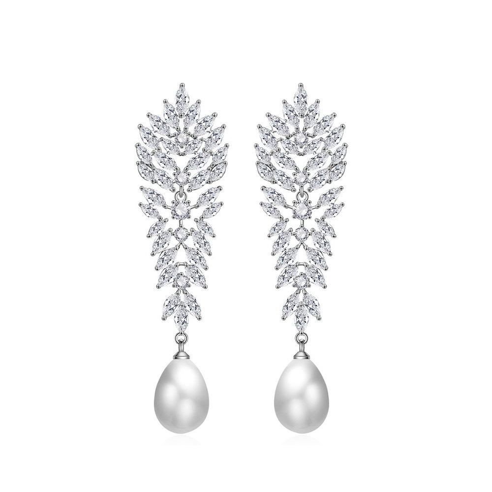 Light Luxury Celebrity Style Wedding Full Of Zirconium Leaves Earrings Super Flash Wheat Ears Long Pearl Earrings