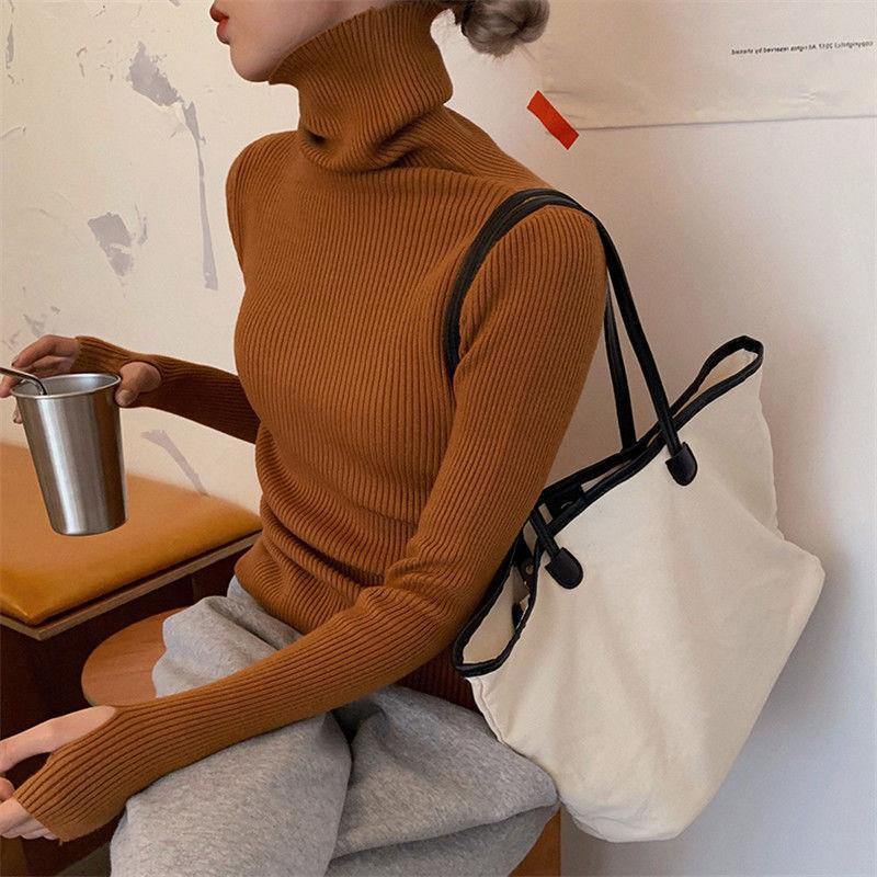 Strikket Genser Dame Koreansk Versjon Rullekrave Casual Genser Vinter Ensfarget Pullover Slim Innvendig Fôring Varm Basic Topper