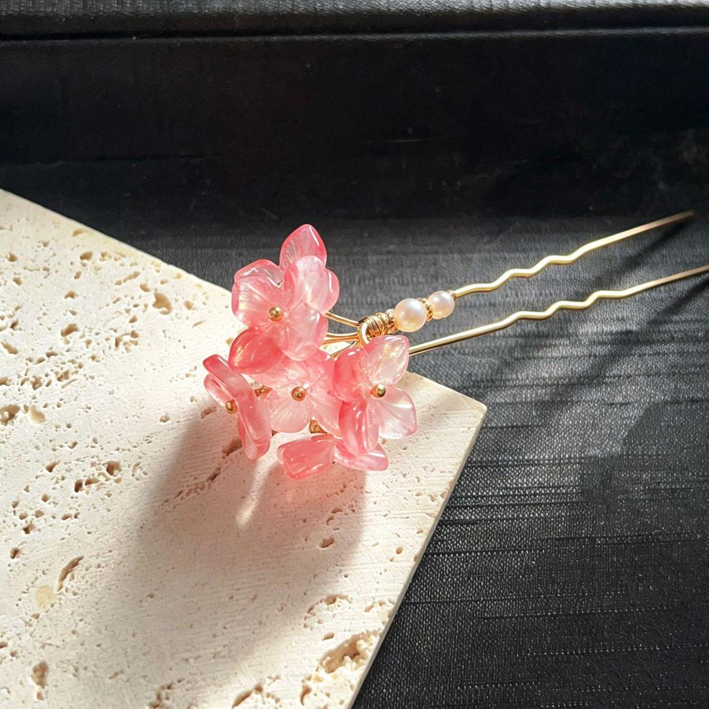 High-End Peach Pink U-Shaped Floral Hairpin for Women - New Chinese Style Updo Xiuhe Headdress