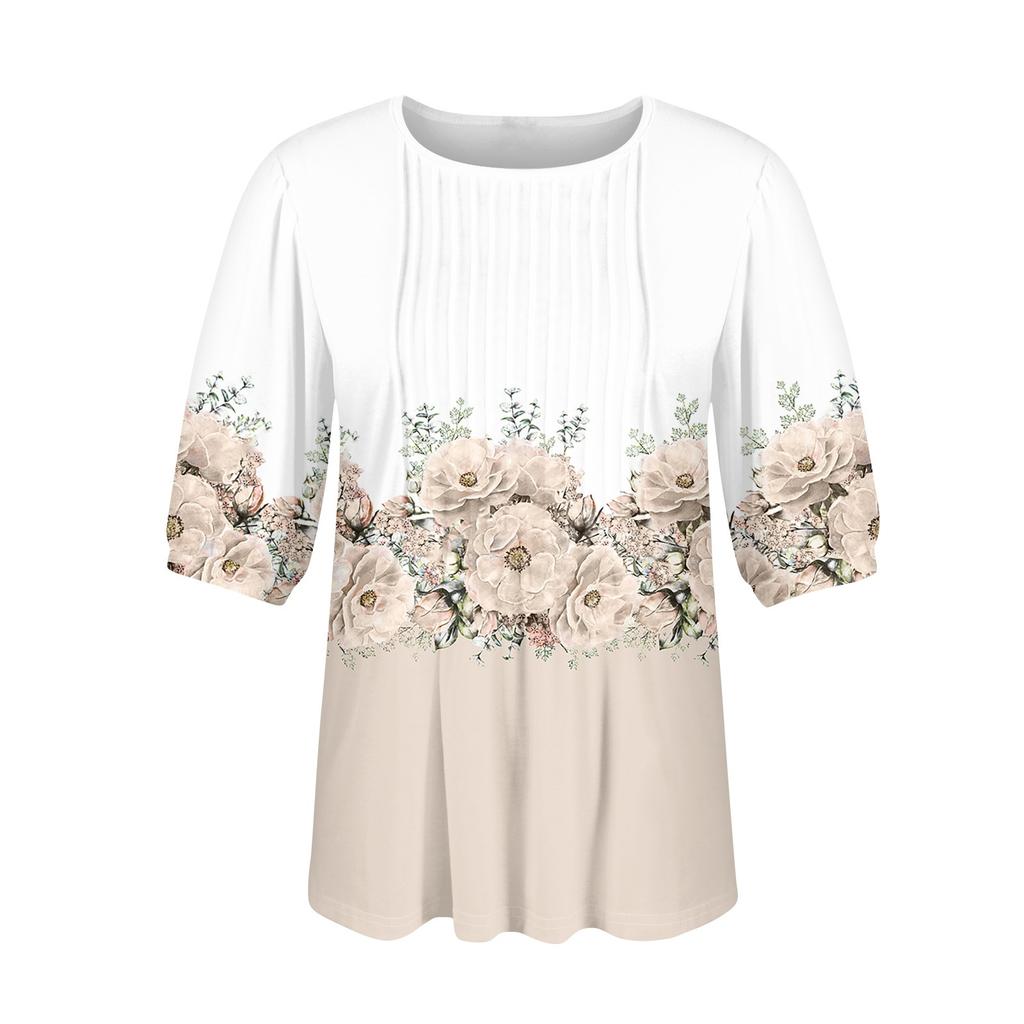 Women's Puff Short Sleeve Tunic Tops Pleated Neck Blouses Casual Loose Spring And Summer T-Shirts