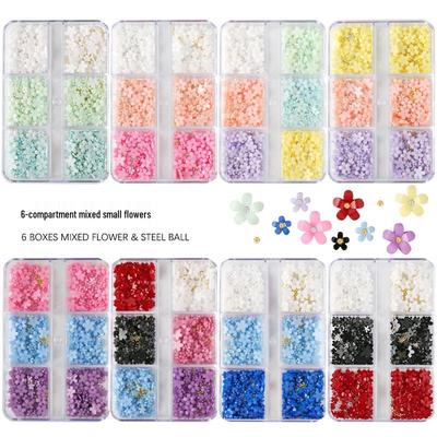 Nagelkonstset med 6 fack: Hartsblandning, Pärlor, Stålpärlor, Makaron- & Godisfärgade Blommor 3D-Dekor.