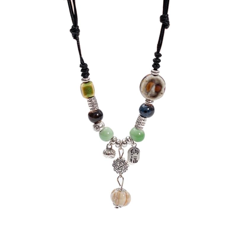 Handmade Ceramic Waterdrop Pendant Necklace Bohemian Ceramic Beads Choker Ethnic Style Jewelry Gift for Women Girl