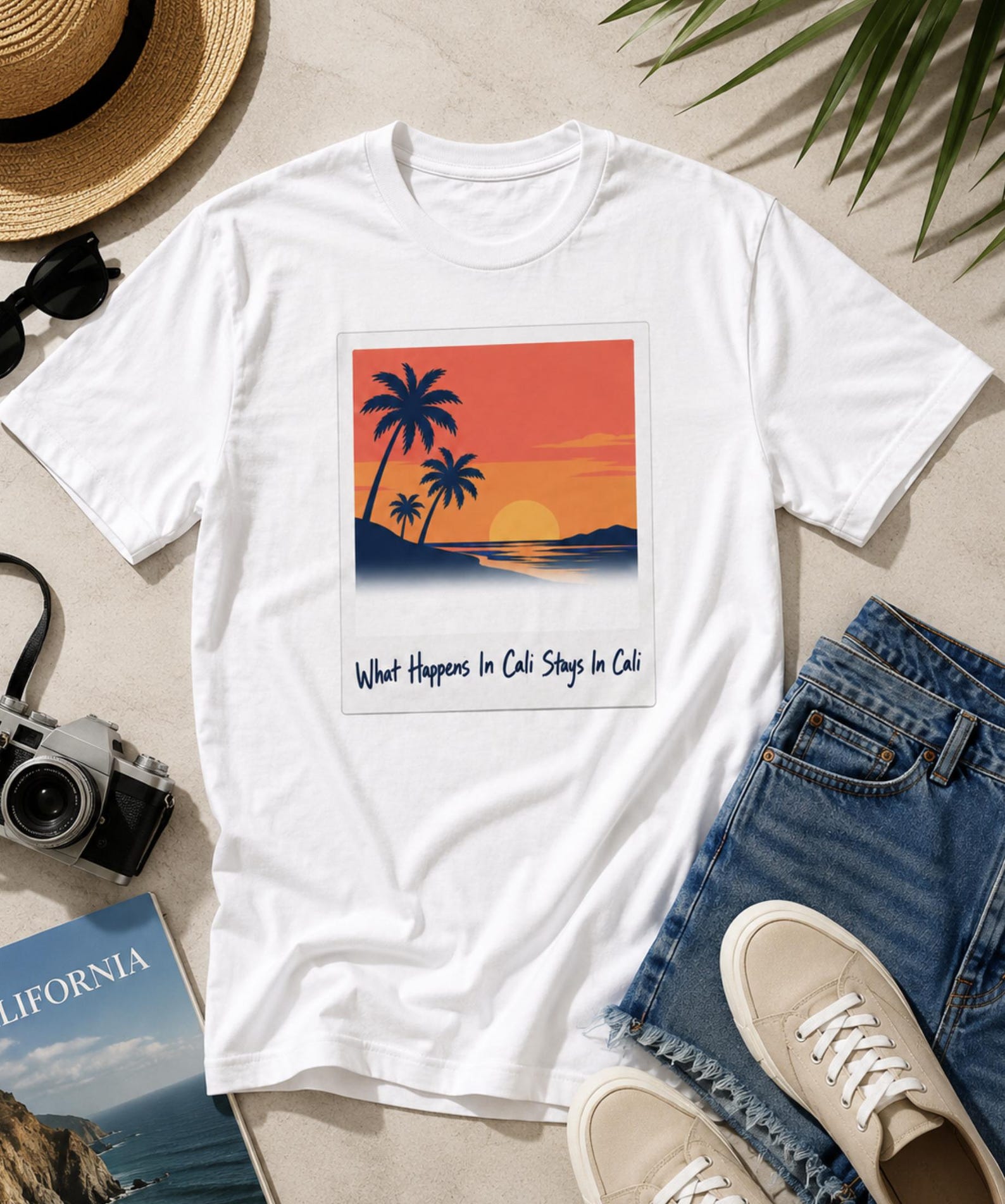 What Happens In Cali Shirt – Polaroid Sunset Beach Graphic Tee 4XL