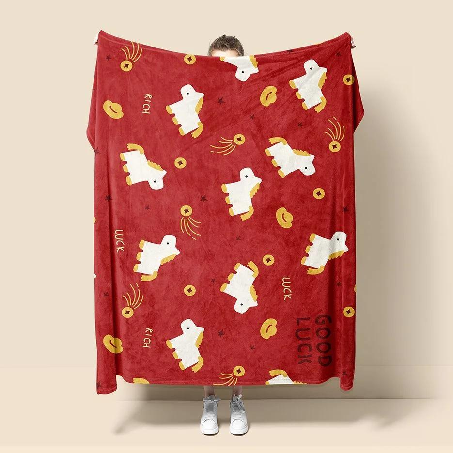 New Year Horse Year Blanket Red Sofa Throw Winter Thick Soft Cover for Office Home Gift