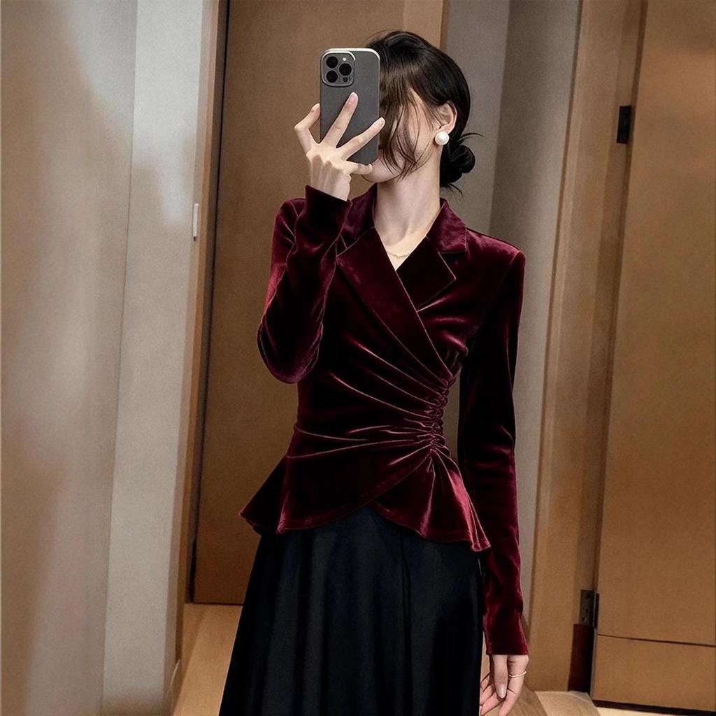 Burgundy Silk Velvet Pleated Waist Shirt for Women - Autumn/Winter French Sophisticated Style