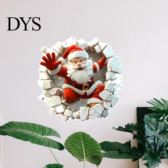 Removable PVC Decals for Bedroom 3D Santa Wall Sticker, Christmas Decal Realistic Breaking Through The Scratch Resistant Seasonal Effect Self-Adhesive