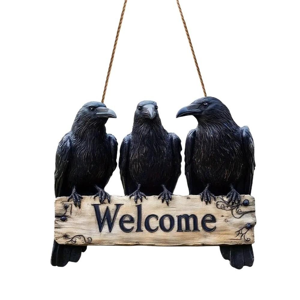 Handmade 2D Flat Welcome Sign Black Crow Pattern Hanging Tag Door Decoration