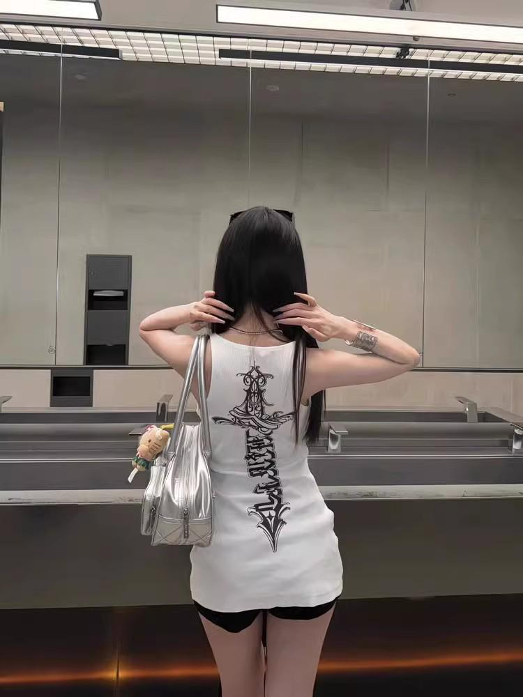 

Белая летняя майка без рукавов приталенного силуэта с принтом: Новый американский пикантный дизайн средней длины для девушки Large белый