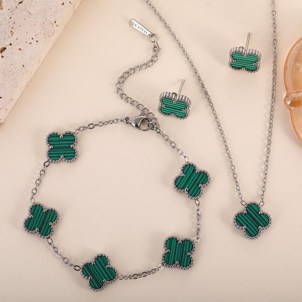 3PCS Titanium Steel Double-sided Clover Necklace Bracelet Earring Set