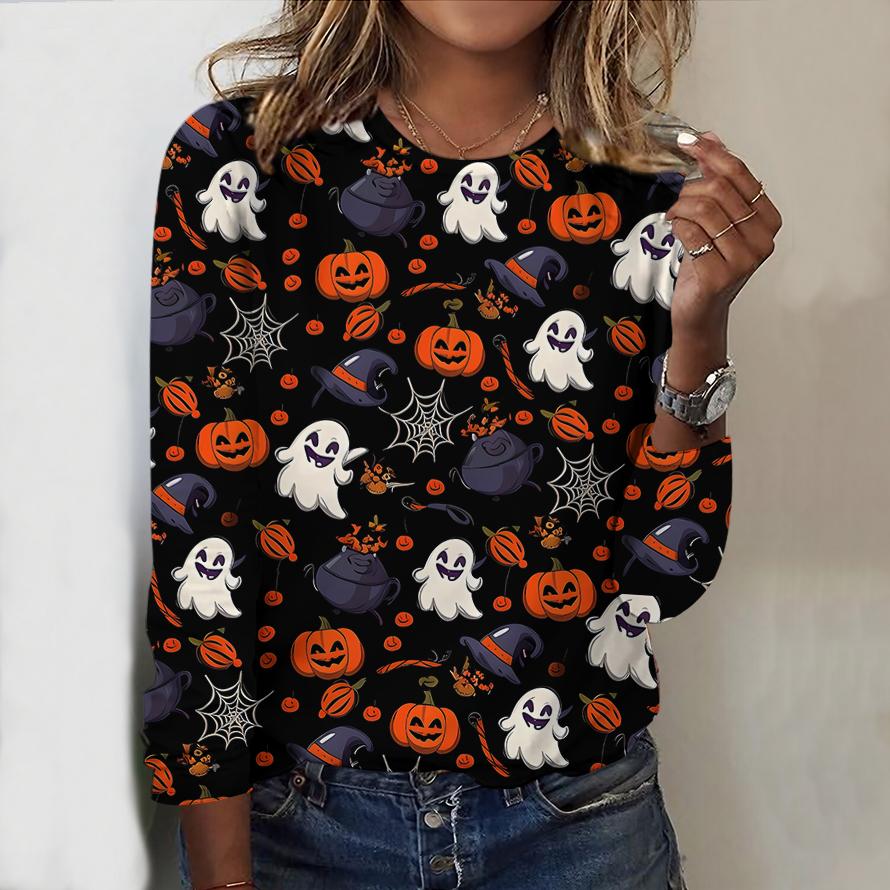 2025 Autumn & Winter Women's New Casual Crew Neck Long Sleeve Top 3D Halloween Pattern Ideal Halloween Christmas Gift