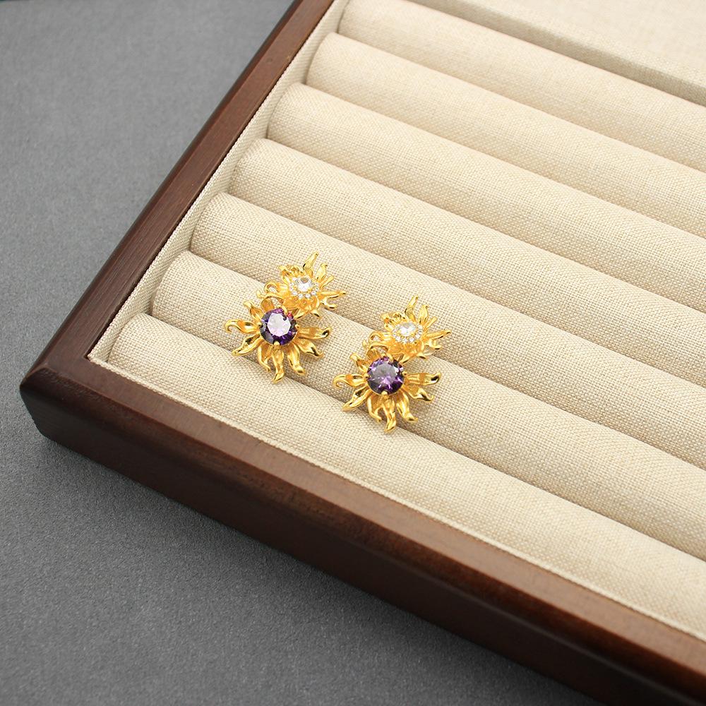 Nischen Französische Retro Gänseblümchen Ohrstecker & Ring Set mit Lila Zirkon