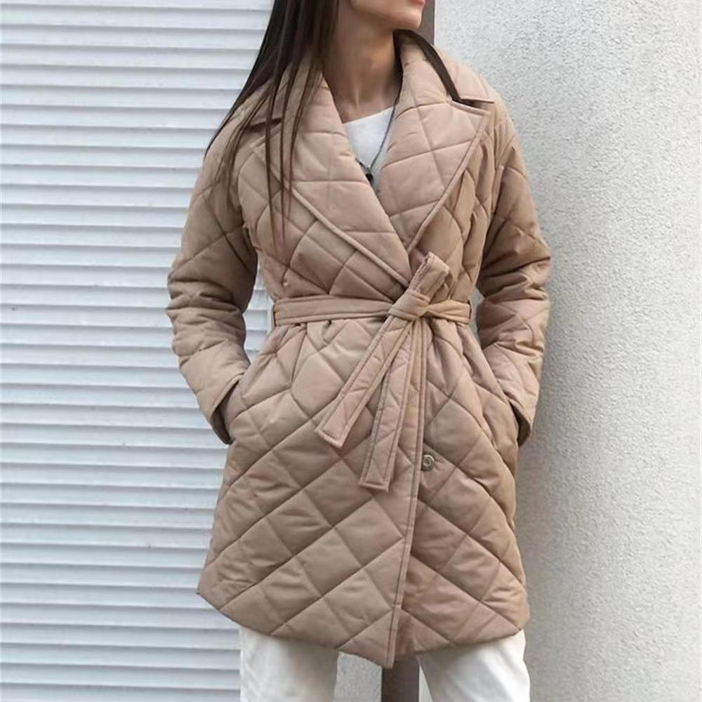 2025 Autumn Winter Women's Notched Lapel Trench Coat, Diamond Quilted Waist Belt Cotton Coat with Button Front, Fashion Slim Fit Mid-Length Parka