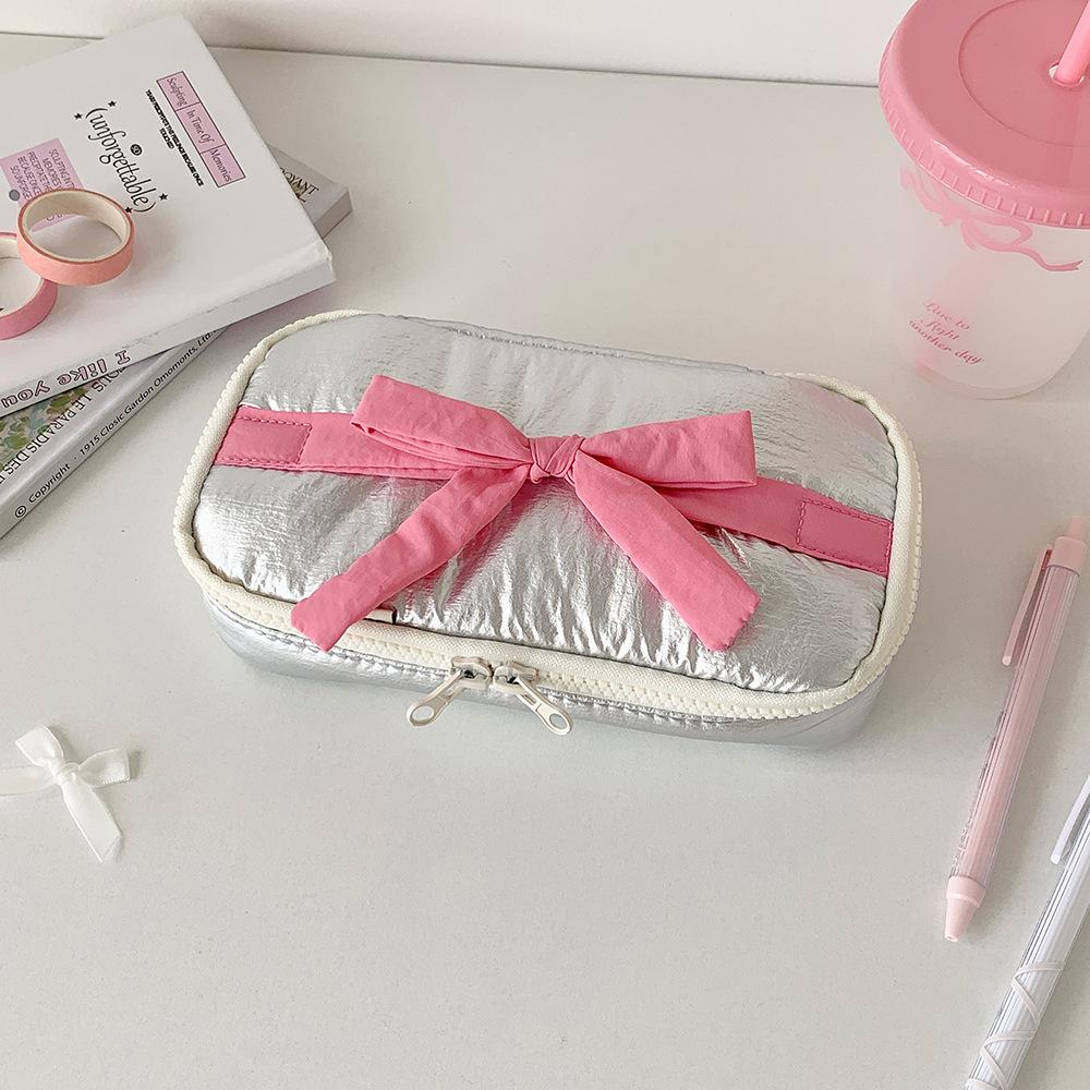 ins Soft Fabric Pencil Bag Student Simple Bow Storage Bag Stationery Bag Desktop Storage Bag