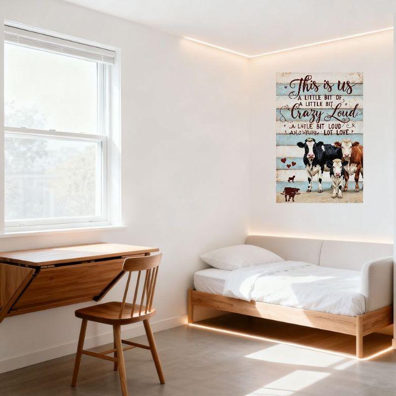 'This Is Us' Rustic Wooden Plank Style Metal Sign with Cows & Love Text, Family Farm Life Wall Decor Tin Sign for Home Cafe Bar