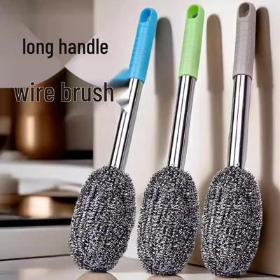 Escova de Lã de Aço Inoxidável com Cabo Longo - Suave para as Mãos, Ideal para Limpar Panelas, Garrafas, Latas, Tigelas e Fogões Sem Deixar Resíduos