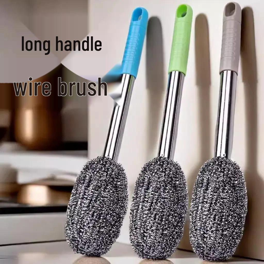 Long-Handle Rustproof Steel Wool Brush - Gentle On Hands, Ideal for Cleaning Pots, Bottles, Cans, Bowls, and Stovetops Without Shedding Residue