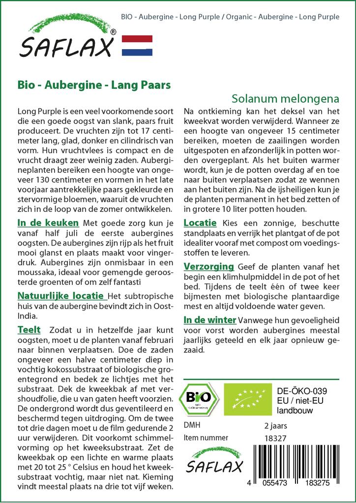 SAFLAX - Garden in the Bag - Organic - Aubergine - Long Purple - 20 seeds - With substrate in a fitting stand up bag - Solanum melongena