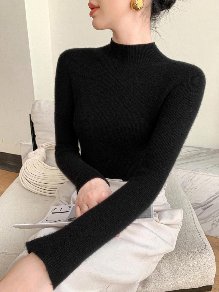 Women's Slim-Fit High-Neck Solid Color Casual Sweater