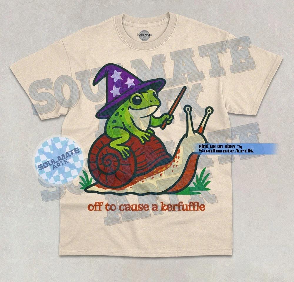 Off To Cause A Kerfuffle T- Shirt Funny Wizard Frog On Snail Meme Graphic  Shirt 2XL