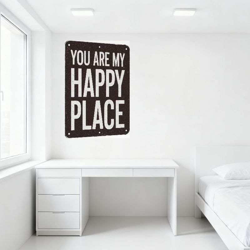 Vintage You Are My Happy Place Metal Tin Sign, Dark Brown/Black Background with Distressed White Text, Rustic Retro Wall Decor F