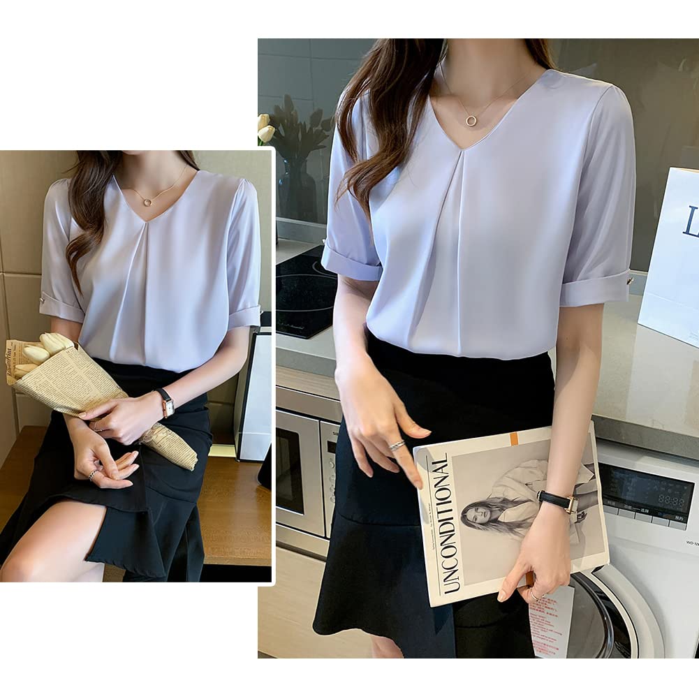 Fashion Blouse Office White Short Sleeve Shirt White Blouse Loose Fit Neat Plain Casual Office Wear Summer OL Commuting Blue L [Bolan Verl] Women's