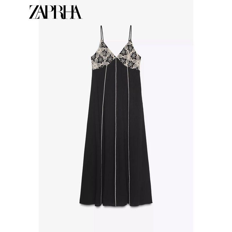 Zaprha 2025 New Arrival Pure Desire Sexy Embroidery V-neck Strap Midi Skirt Dress Waist-Tight Slim Looking 3897112
