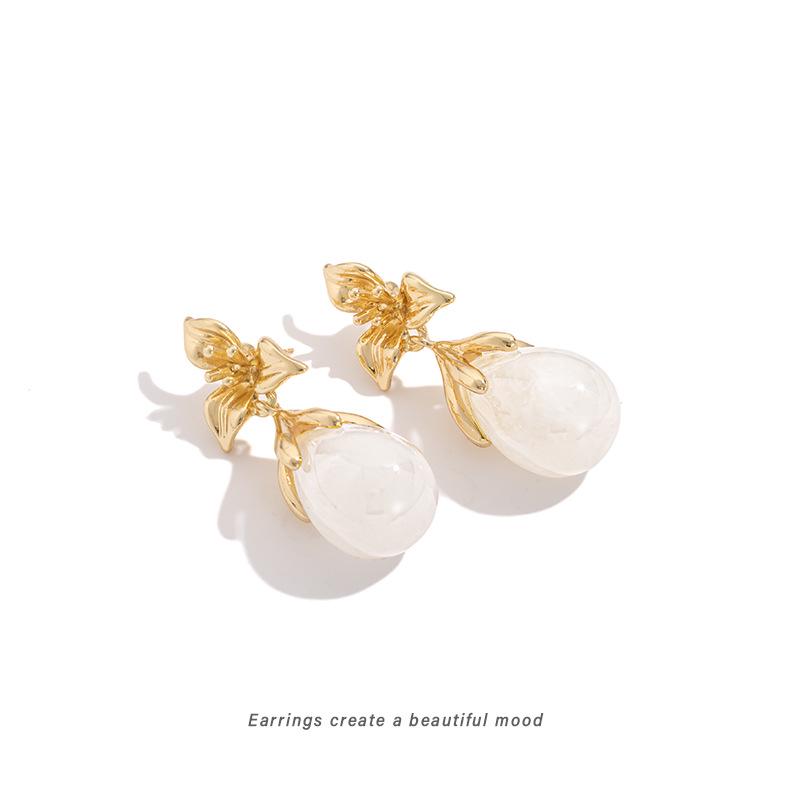 

French Court Gold Flower Earrings: Retro Luxury Water Drop Studs & Non-Pierced Clips for Women.