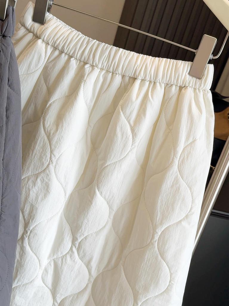 Korean High-End Quilted A-Line Midi Skirt for Women - 2025 Autumn/Winter, Gourd Stitching, Elastic Waist, Petite Fit