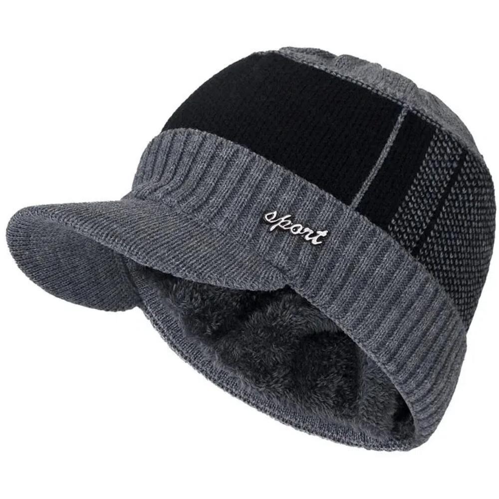 Unisex Classic Warm Winter Hat With Brim Plush Fur Lined Knit Cap Sports Label Thicken Winter Hats For Men Women