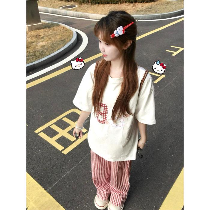 

Лето 2025 Милый узор Свободная футболка большого размера в корейском стиле из хлопка M белый