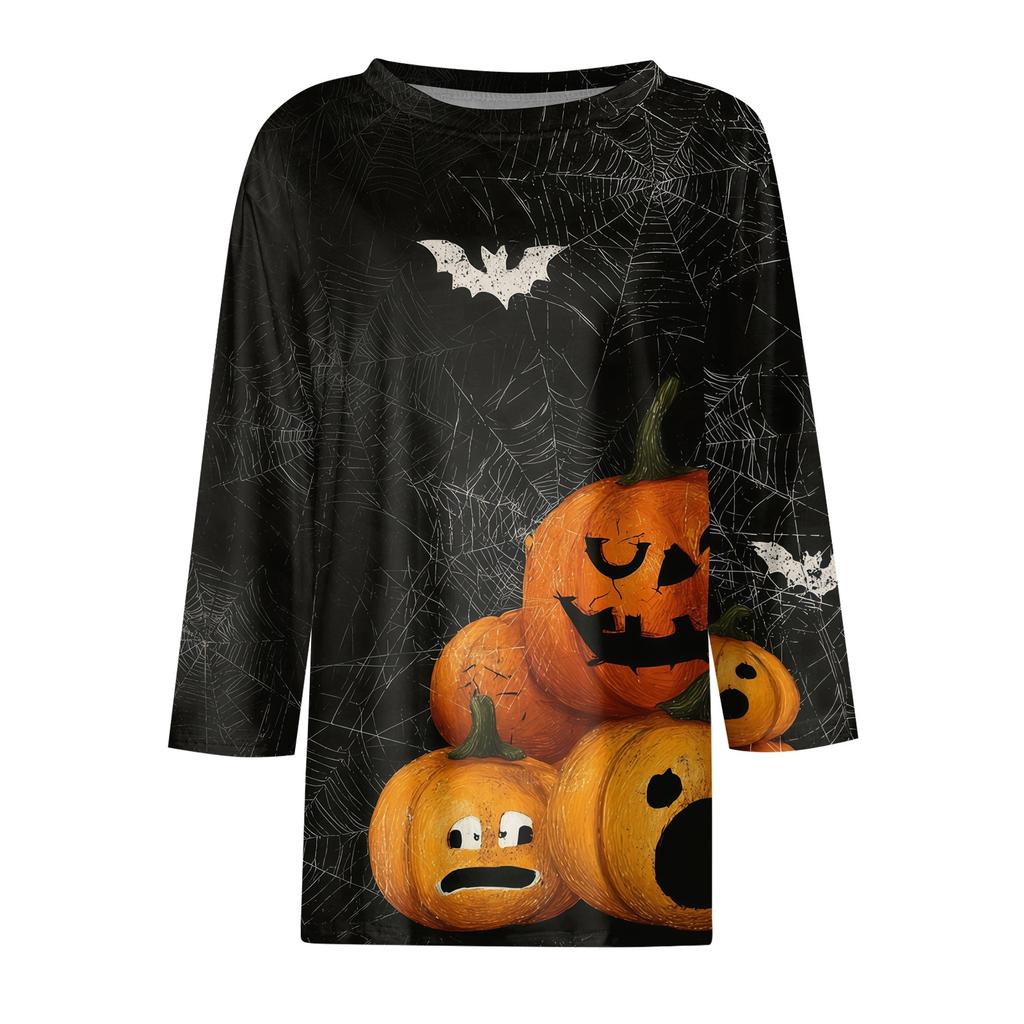 Women's 3/4 Sleeve Casual Loose Fit Round Neck Shirt Halloween Pumpkin Print T-Shirt Comfortable Lightweight Top for Everyday Wear
