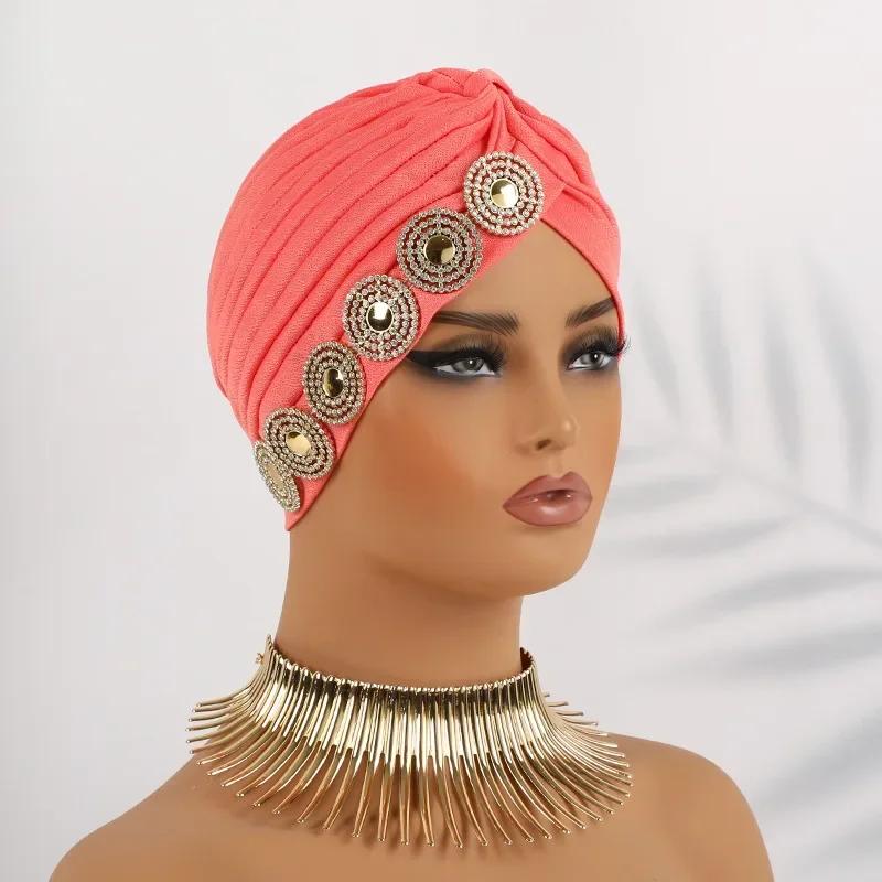 Indian Women Chemo Cap Muslim Diamonds Hijab Pleated Turban Wrap Headscarf Beanies Hair Loss Bonnet Hat Femme Turbante Mujer New