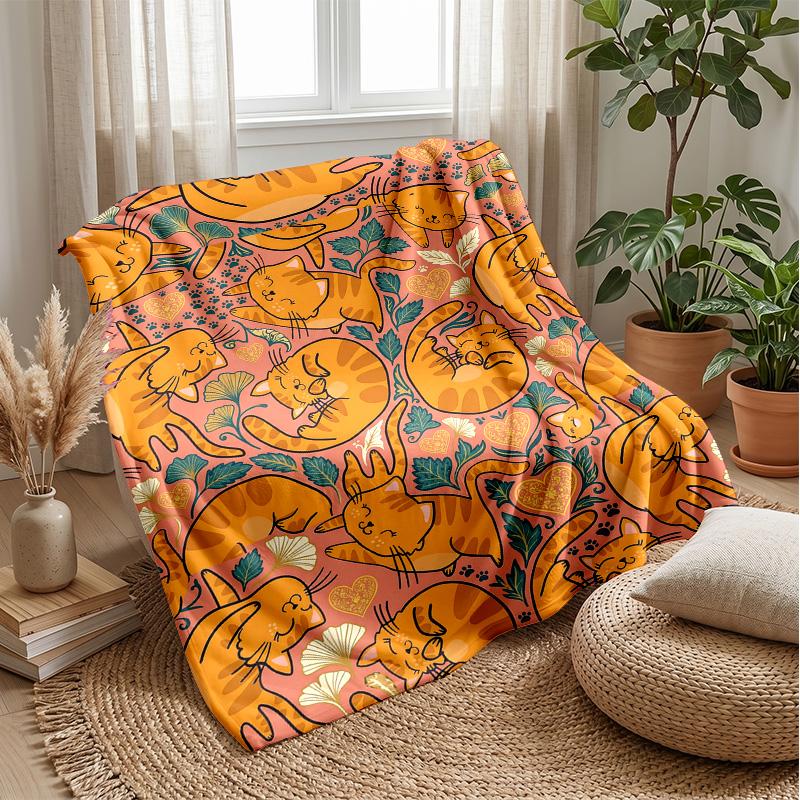 Orange Cats Pattern Theme blanket Lightweight Warm Flannel Blanket Decorative Throw Blanket for Home Decoration