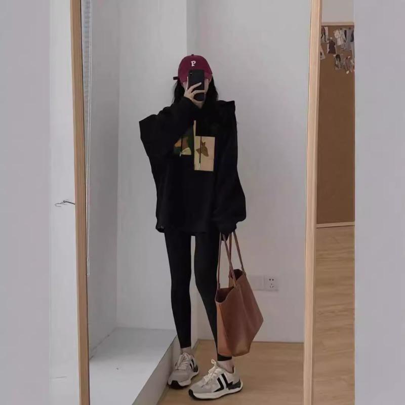 Autumn Winter Black Hipster Loose Casual Hoodies Women Long Sleeve Printing Harajuku Y2K Pullover Hooded Top